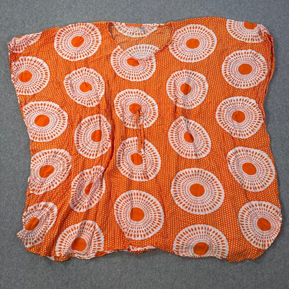 Orange Swim Coverup Tunic One Size Drawstring Orange White Hand Made Rayon Flowy - Picture 1 of 6